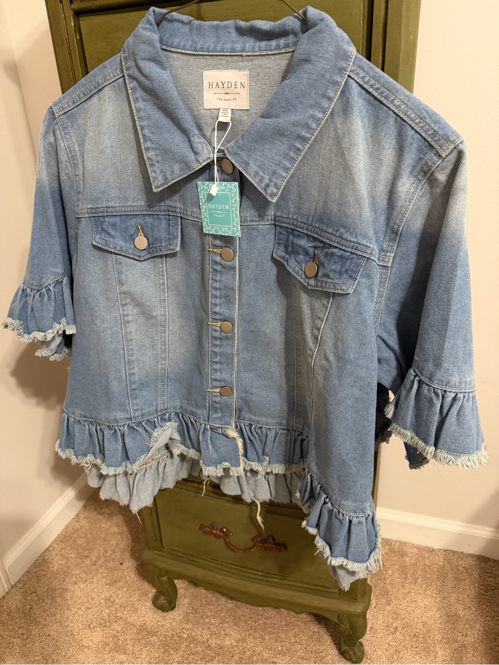 Hayden Light Blue Ruffle Denim Jacket NWT